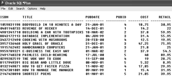 Contents of BOOKS table    -Based upon the contents of the BOOKS table in the accompanying figure, which of the following queries will retrieve all books stored in the BOOKS table with Pubid 1 or 2 or that have a retail price of at least $42.00? A)  SELECT * FROM books WHERE pubid = 1 OR pubid = 2 OR retail >= 42; B)  SELECT * FROM books WHERE pubid IN (1, 2)  OR retail => 42; C)  SELECT * FROM books WHERE pubid = 1 AND pubid=2 OR retail >=42; D)  both a and b