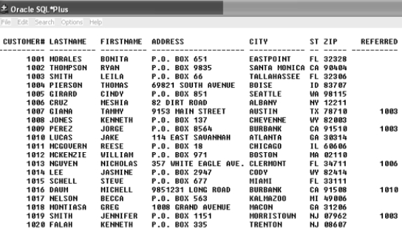Contents of the CUSTOMERS table    -Based upon the contents of the CUSTOMERS table, which of the following would be the most appropriate use of a subquery? A)  When searching for all customers who live in the same state as customer# 1007. B)  When searching for all customers who were referred by customer# 1003. C)  When searching for all customers with the last name of Thompson. D)  When searching for all customers assigned customer# 1010.