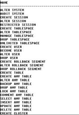 Partial list of privileges    ​ -Which of the following SQL statements would most likely be used to generate the partial output shown above? A)  ​SELECT name FROM SYSTEM_PRIVILEGE_MAP; B)  ​SELECT * FROM USER_CURRENT_PRIVILEGES; C)  ​SELECT * FROM SESSION_PRIVS; D)  ​SELECT name FROM SESSION_PRIVS;
