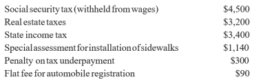 John Baker, a cash basis calendar year taxpayer, paid the following during the year:   What itemized deduction may John claim for taxes on his return? A)  $7,700 B)  $8,000 C)  $11,190 D)  $6,600 E)  None of the above