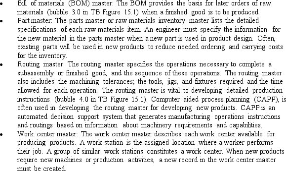 The process within TB Figure 15.1 Bubble 1.0 might be described as follows: Consistent with the value chain concept,the IPP begins with the design of the product and production processes.Activity-based costing can be used to develop estimates of the future cost of producing new products as well as potential cost changes from product or design changes.The entire design process is automated through the use of computer-aided design (CAD)and computer-aided engineering (CAE).With the use of enterprise systems,the electronic designs produced using CAD/CAE become the basis for developing detailed production schedules (bubble 2.0 in TB Figure 15.1)as well as the electronic control of production machines.In addition to the detailed product design,the CAD/CAE process results in several data stores of information that are used later in the IPP:     Refer to TB Figure 15.1.Prepare a Level 1 data flow diagram for the product and production process design process only.  