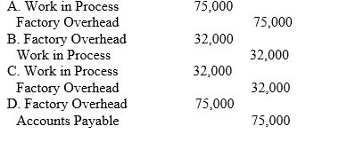 During the period, labor costs incurred on account amounted to $275,000 including $200,000 for production orders and $75,000 for general factory use. In addition, factory overhead applied to production was $32,000. From the following, select the entry to record the factory overhead applied to production.  