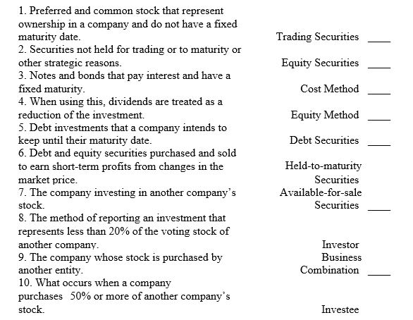 Match each of the following investment terms with the appropriate definition below.   