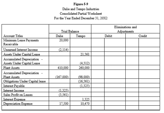 Tempo Industries is an 80%-owned subsidiary of Dalie Inc. On January 1, 20X2, Dalie leased an asset to Tempo and the following journal entries were made:    The terms of the lease agreement require Tempo to make five payments of $5,000 each at the beginning of each year. The implicit interest rate used by both Dalie and Tempo is 8%. Required: Prepare the eliminations and adjustments required by the intercompany lease on the Figure 5-9 partial worksheet of December 31, 20X2. Key and explain all eliminations and adjustments.  