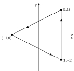  Evaluate  \oint _ { C } 0 d x + 4 x d y  , if C is the path shown below, starting and ending at  ( 1,1 )  .   