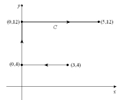 Find the work done by the force field  \mathbf { F } ( x , y ) = \frac { x } { \left( x ^ { 2 } + y ^ { 2 } \right) ^ { \frac { 3 } { 2 } } } \mathbf { i } + \frac { y } { \left( x ^ { 2 } + y ^ { 2 } \right) ^ { \frac { 3 } { 2 } } } \mathbf { j }  on a particle that moves along the curve  C  given in the figure below.   