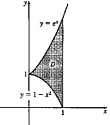  The region D in  \mathbb { R } ^ { 2 }  shown below is bounded by x = 1,  y = e ^ { x }  , and  y = 1 - x ^ { 2 }  .   (a) Compute  \iint _ { R } x d A  by finding  \int _ { 0 } ^ { 1 } \int _ { 1 - x ^ { 2 } } ^ { e ^ { x } } x d y d x  .(b) Write down the integral or integrals needed to compute  \iint _ { R } x d A  with the order of integration reversed. 