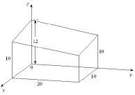 A greenhouse is shown below. It is 10 ft wide and 20 ft long and has a at roof that is 12 ft high at one corner and 10 ft high at each of the adjacent corners. Find the volume of the greenhouse.  