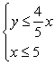 <strong>Derive a set of inequalities to describe the region. Triangle: vertices at (0, 0), (5, 0), (5, 4)</strong> A) B) C) D) E)