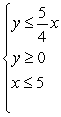 <strong>Derive a set of inequalities to describe the region. Triangle: vertices at (0, 0), (5, 0), (5, 4)</strong> A) B) C) D) E)