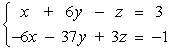 Use matrices to solve the system of equations (if possible) .Use Gaussian elimination with back-substitution or Gauss-Jordan elimination.   A)  (19a + 105, -3a - 17, a)  where a is any real number B)  (-9a - 11, -7a - 35, a)  where a is any real number C)  (-12a + 96, -12a + 37, a)  where a is any real number D)  (-125a + 105, 6a - 17, a)  where a is any real number E)  (-17a - 33, 6a - 17, a)  where a is any real number
