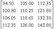 <strong>A convention planning service has identified three suitable hotels for a convention.The quoted room rates are for single, double, triple, and quadruple occupancy.The current cost for each type of room at each hotel is represented by the matrix where the columns correspond to each hotel and the rows correspond to single, double, triple, and quadruple occupancy respectively.If room rates are guaranteed not to increase by more than 5% by the time of the convention, what is the maximum rate per room per hotel?</strong> A) B) C) D) E)