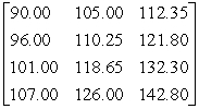 <strong>A convention planning service has identified three suitable hotels for a convention.The quoted room rates are for single, double, triple, and quadruple occupancy.The current cost for each type of room at each hotel is represented by the matrix where the columns correspond to each hotel and the rows correspond to single, double, triple, and quadruple occupancy respectively.If room rates are guaranteed not to increase by more than 5% by the time of the convention, what is the maximum rate per room per hotel?</strong> A) B) C) D) E)