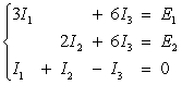 Consider the circuit shown in the figure below.The currents   ( in amperes )  are the solutions to the system of linear equations   , where   are voltages of 9 and 9 volts, respectively.Use the inverse of the coefficient matrix of this system to find the unknown currents.Round answers to nearest tenth.[Hint: If a current value turns out to be negative, it simply means that the current flow is in the opposite direction from that indicated in the figure below.]     A)    B)    C)    D)    E)   