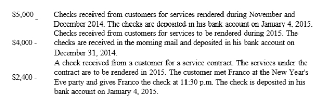 Franco is owner and operator of a cleaning service who uses the accrual method of accounting. He receives the following payments on December 31, 2014, the last business day of his tax year:   How much of the $11,400 collected by Franco on December 31 must be included in his 2014 gross income? A)  $ 5,000 B)  $ 6,400 C)  $ 7,400 D)  $ 9,000 E)  $11,400