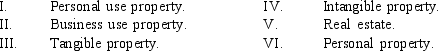 Determine the proper classifications)  of the asset discussed in the following scenario:  Cher receives a copyright for a new song she has written      A)  Statements I and III are correct. B)  Only statement IV is correct. C)  Statements II and IV are correct. D)  Statements II, IV, and VI are correct E)  Statements II and VI are correct.