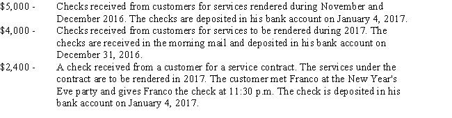 Franco is owner and operator of a cleaning service who uses the accrual method of accounting.He receives the following payments on December 31,2016,the last business day of his tax year:   ​ How much of the $11,400 collected by Franco on December 31 must be included in his 2016 gross income? A) $5,000 B) $6,400 C) $7,400 D) $9,000 E) $11,400