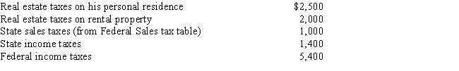 <strong>Ronald pays the following taxes during the year:   ​ What is the amount Ronald can deduct for taxes as an itemized deduction for the year?</strong> A)$3,500 B)$3,900 C)$4,900 D)$6,900 E)$12,300 <div style=padding-top: 35px> 