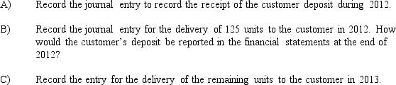 On August 3, 2012, Grace Electric Supply agreed to manufacture and supply 650 electrical control units for a particular customer who deposited $136,500 toward the purchase price upon signing the one-year purchase agreement, which set the selling price of each control unit at $1,050. In December 2012, 125 units were delivered to the customer and the remaining units were delivered in January 2013. The customer pays in cash upon delivery for any units not covered by the deposit.   