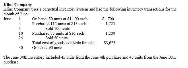   -Refer to the information provided for Klump Co. If the company uses the LIFO inventory costing method, cost of goods sold for the month of June is: A) $2,538.00 B) $2,550.00 C) $2,551.25 D) $2,555.00