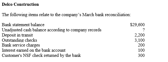   -Refer to Delco Construction. What is net amount of the adjustments to the company's cash balance as a result of the bank reconciliation? A) $400 increase B) $400 decrease C) $900 increase D) No adjustments are needed.