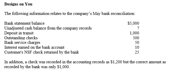   -Refer to Designs on You. What is the net amount of the adjustments to the company's cash balance as a result of the bank reconciliation process? A) $210 increase B) $135 increase C) $135 decrease D) $65 decrease
