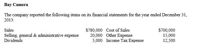 -Refer to Bay Camera. What amount will be reported as Retained Earnings on the Balance Sheet at December 31, 2013, assuming this is the first year of operations? A) $22,500 B) $27,500 C) $42,500 D) Not enough information is provided.