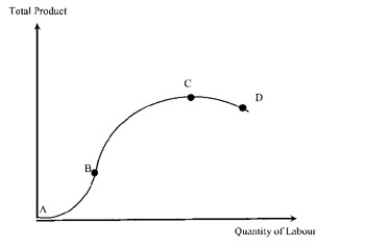 Exhibit 6-1: The production function    -In Exhibit 6-1,the marginal product of labour is equal to zero at point: A)  A. B)  B. C)  C. D)  D.