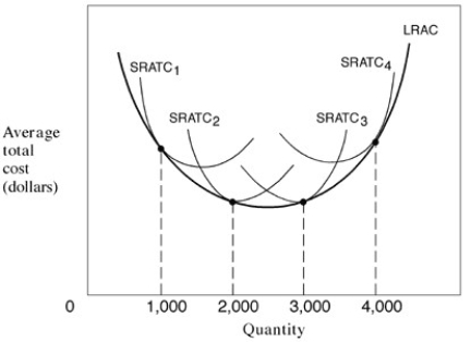 Different scales of production Exhibit 6-9 Cost curves    -In Exhibit 6-9,the U-shaped LRAC curve indicates which of the following as quantity increases from 0 to 4000? A) Diseconomies of scale; constant returns to scale; economies of scale. B) Constant returns to scale; economies of scale; diseconomies of scale. C) Economies of scale; constant returns to scale; diseconomies of scale. D) Diseconomies of scale; economies of scale; constant returns to scale. E) Economies of scale; diseconomies of scale; constant returns to scale.