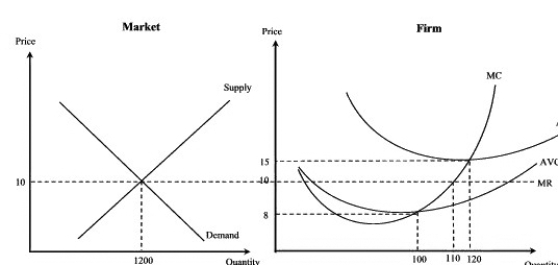 Exhibit 7-8    -According to Exhibit 7-8,the output level of the short-run equilibrium for this firm is: A) 1200. B) 100. C) 110. D) 120. E) indeterminate from the information given.