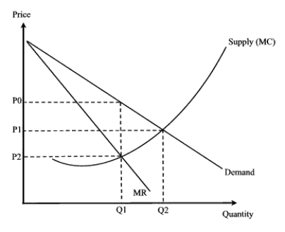 Narrbegin Exhibit 8.7    -According to Exhibit 8.7, the price a monopolist would charge is: A)  P<sub>0</sub>. B)  P<sub>1</sub>. C)  P<sub>2</sub>. D)  indeterminate as there is not enough information provided.