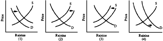 Figure 4-6    -Grapes can be used for wine or for raisins.Which graph in Figure 4-6 best depicts the effects on the U.S.raisin market of a decrease in purchases of domestic wines? A)  1 B)  2 C)  3 D)  4