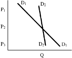 Figure 6-1    -In Figure 6-1, A)  D₁ is more elastic than D₂ below P₂ and less elastic above P₂. B)  D₁ is less elastic than D₂ at all prices. C)  D₂ is less elastic than D₁ at all prices. D)  D₂ is more elastic than D₂ above P₂ but less elastic below P₂.