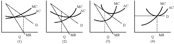 Figure 12-2    -In Figure 12-2, which of the graphs represents a firm that is a sales revenue maximizer? A)  1 B)  2 C)  3 D)  4