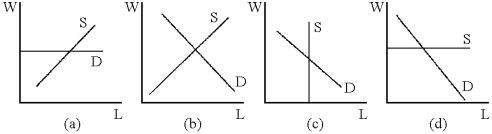 Figure 20-1    -Which of the diagrams in Figure 20-1 shows the situation of an individual firm that hires labor in a perfectly competitive market? A)  A B)  B C)  C D)  D