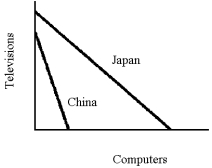 Figure 18-5    -From the graph in Figure 18-5 (curves show output per unit of labor input) , one can infer that A)  in terms of TVs, computers are more expensive in China than Japan. B)  in terms of computers, TVs are more expensive in China than Japan. C)  China should produce more TVs and fewer computers. D)  All of the above are correct.