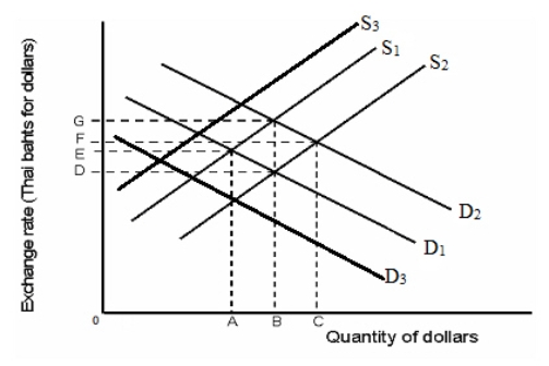 <strong>The figure given below shows the demand curves for dollars arising out of Thai demand for U.S.goods and services and the supply of dollars arising out of the U.S.demand for Thai goods, services, and financial assets.D<sub>1</sub> and S<sub>1</sub> are the original demand and supply curves. Figure 18.2 Refer to Figure 18.2.Suppose investors predict that the value of Thai assets will decrease in the near future.This affects the current equilibrium exchange rate.To restore the original equilibrium, the Thai government intervenes in the foreign exchange market.How will this government action appear on the graph?</strong> A)As a shift in the demand curve from D<sub>2</sub> to D<sub>1</sub> B)As a shift in the demand curve from D<sub>1</sub> to D<sub>3</sub> C)As a shift in the supply curve from S<sub>1</sub> to S<sub>3</sub> D)As a shift in the supply curve from S<sub>1</sub> to S<sub>2</sub> E)As a shift in the demand curve from D<sub>2</sub> to D<sub>3</sub>