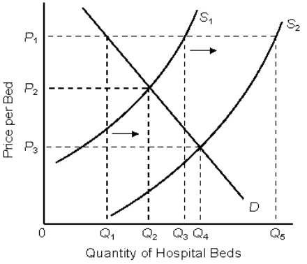 The figure given below represents demand for and supply of hospital beds in Anytown, U.S.A. , as shown by curves D and S<sub>1 </sub>in the following figure.If the hospital receives permission to expand, its new supply curve will be S<sub>2</sub>.Price level P<sub>1</sub> is the fixed prospective payment reimbursement rate paid by Medicare to the hospital, regardless of actual cost. Figure 18.3   According to Figure 18.3, given the existing demand for its beds, after the hospital completes its expansion it will maximize its occupancy rate by charging a price level: A) P<sub>1</sub>. B) P<sub>2</sub>. C) P<sub>3</sub>. D) (P<sub>1</sub>+ P<sub>2</sub>) /2. E) P<sub>3</sub>-P<sub>1</sub>.