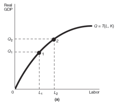 Exhibit 17-2        -Refer to Exhibit 17-2. Assume that the starting point is always point 1. Which of the production function graphs shown,(a) or (b) ,represents an increase in the quantity of labor,and which represents an increase in the quantity of capital,respectively? A)  (a) ; (a)  B)  (b) ; (a)  C)  (a) ; (b)  D)  (b) ; (b) 