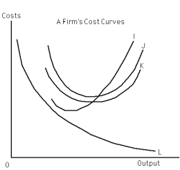 Exhibit 22-6    -Refer to Exhibit 22-6.The curve labeled  K  represents the firm's __________ cost curve. A)  marginal B)  total variable C)  average fixed D)  average variable E)  average total