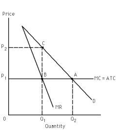 Exhibit 24-1    -Refer to Exhibit 24-1.If the product is produced under single-price monopoly,what do total costs equal at the profit maximizing level of output? A)  area 0P<sub>1</sub>BQ<sub>1</sub> B)  area BCA C)  area P<sub>1</sub>P<sub>2</sub>CB D)  area P<sub>2</sub>CAP<sub>1</sub> E)  none of the above