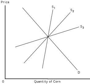 Exhibit 39-5    -Refer to Exhibit 39-5.Low price elasticity of demand for corn coupled with unpredictable weather makes both price and total revenue in the market for corn extremely volatile.Which of the supply curves would result in the least volatility? A)  S1. B)  S2. C)  S3. D)  The changes are not dependent upon elasticity of supply.