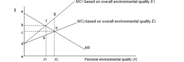 In the averting expenditures model shown below, if environmental quality is E<sub>1</sub>,<sub> </sub>and personal environmental quality is X<sub>1</sub>, the area or distance that represents the individual's averting expenditures is   A)  edfX<sub>1</sub> B)  edhX<sub>2</sub> C)  dgh D)  edfhX<sub>2</sub>