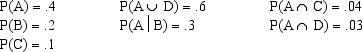 You are given the following information on Events A, B, C, and D.     a.Compute P(D). b.Compute P(A <font face= symbol ></font> B). c.Compute P(A<font face= symbol ></font>C). d.Compute the probability of the complement of C. e.Are A and B mutually exclusive? Explain your answer. f. Are A and B independent? Explain your answer. g. Are A and C mutually exclusive? Explain your answer. h. Are A and C independent? Explain your answer.