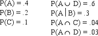  You are given the following information on Events A, B, C, and d.   a. Compute P(D). b. Compute P(A  \cap   B). c. Compute P(A|C). d. Compute the probability of the complement of c. e. Are A and B mutually exclusive? Explain your answer. f. Are A and B independent? Explain your answer. g. Are A and C mutually exclusive? Explain your answer. h. Are A and C independent? Explain your answer. 