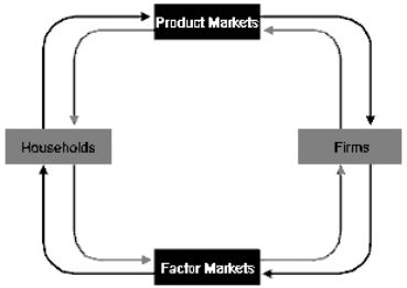 Exhibit 3-2   Refer to Exhibit 3-2.In the circular flow diagram,goods and services: A)  flow in a clockwise direction. B)  flow in a counterclockwise direction. C)  are sold by businesses in the factor market. D)  none of the above