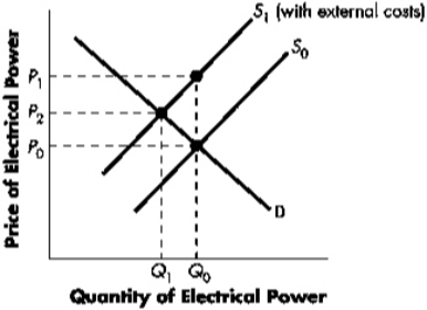 Currently Q<sub>0</sub> of electrical power is being produced.The demand curve is represented by D,and the current market supply is represented by S<sub>0</sub>.It is discovered that the Rocky Mountain Electrical Co-op and Power Company is discharging waste into the area water supply.As a result,S<sub>1</sub> represents ____ and a price of ____ would represent the true internalized cost of production at that level of output.   A)  the supply curve with external costs included; P<sub>2</sub> B)  the supply curve with external costs included; P<sub>1</sub> C)  the supply curve with external costs included; P<sub>0</sub> D)  There is insufficient information available to provide an accurate answer.