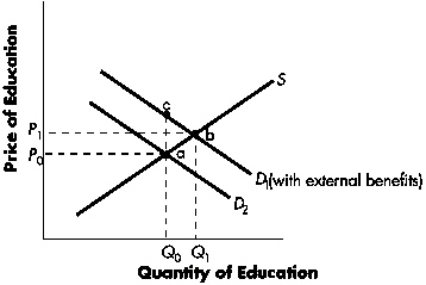 Exhibit 8-1   Refer to Exhibit 8-1.Suppose that education provides spillover benefits to the community as illustrated in the diagram.Based on this information,we can say that: A)  the market would fall short of the desirable level of education, Q<sub>0</sub>. B)  education is overproduced by Q<sub>1</sub> minus Q<sub>0</sub> units. C)  the socially optimal quantity of education is Q<sub>1</sub> units. D)  the socially optimal quantity of education is Q<sub>0</sub> units.