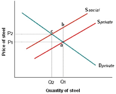 Exhibit 8-2   Refer to Exhibit 8-2.Which of the following observations is correct? A)  The equilibrium at P2 and Q2 is inefficient. B)  From society's standpoint, Q1 is the efficient level of output. C)  True supply curve is above the demand curve at Q1. D)  The equilibrium at P1 and Q1 is efficient.