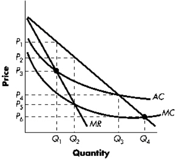 Exhibit 13-4 The following diagram contains information on cost and revenue curves facing a regulated monopoly.   Refer to Exhibit 13-4.If the government is able to regulate the monopolist using marginal-cost pricing,what price and output combinations are expected to result? A)  P<sub>5</sub> and Q<sub>2</sub> B)  P<sub>2</sub> and Q<sub>2</sub> C)  P<sub>4</sub> and Q<sub>3</sub> D)  P<sub>6</sub> and Q<sub>4</sub>